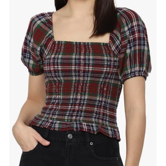 American Eagle Plaid Smocked Puff-Sleeve Blouse Women's XXL Square Neck Fall - Picture 1 of 6